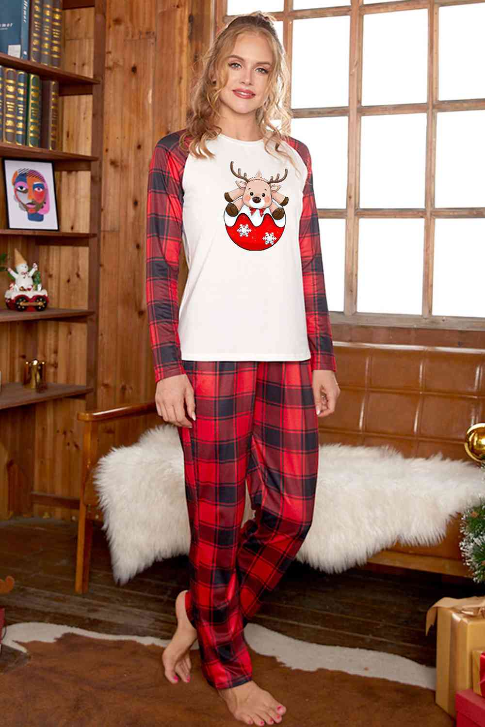 Reindeer Graphic Top and Plaid Pants Set