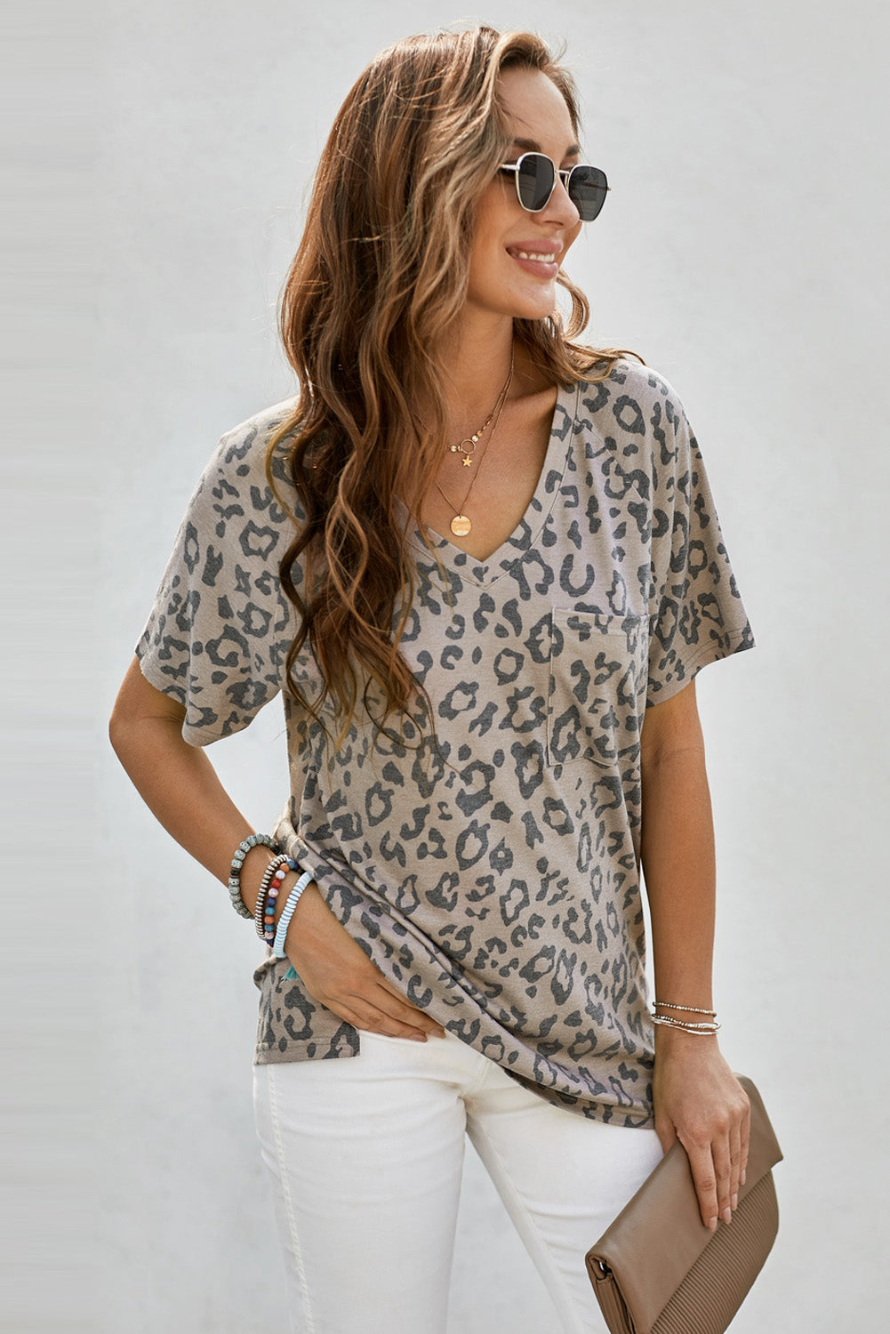 Leopard V-Neck Tee with Pocket