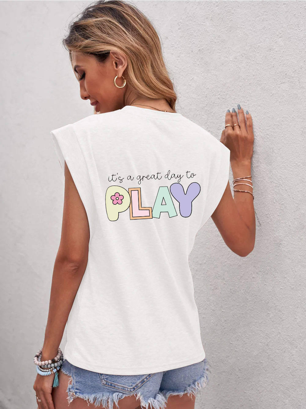 Full Size Letter Graphic Round Neck Cap Sleeve T-Shirt