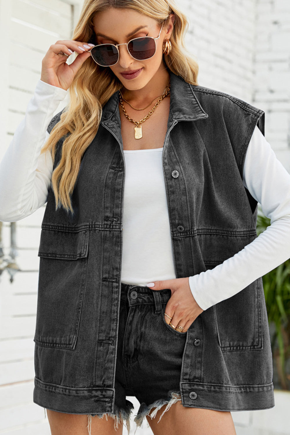 Button Down Collared Neck Denim Jacket