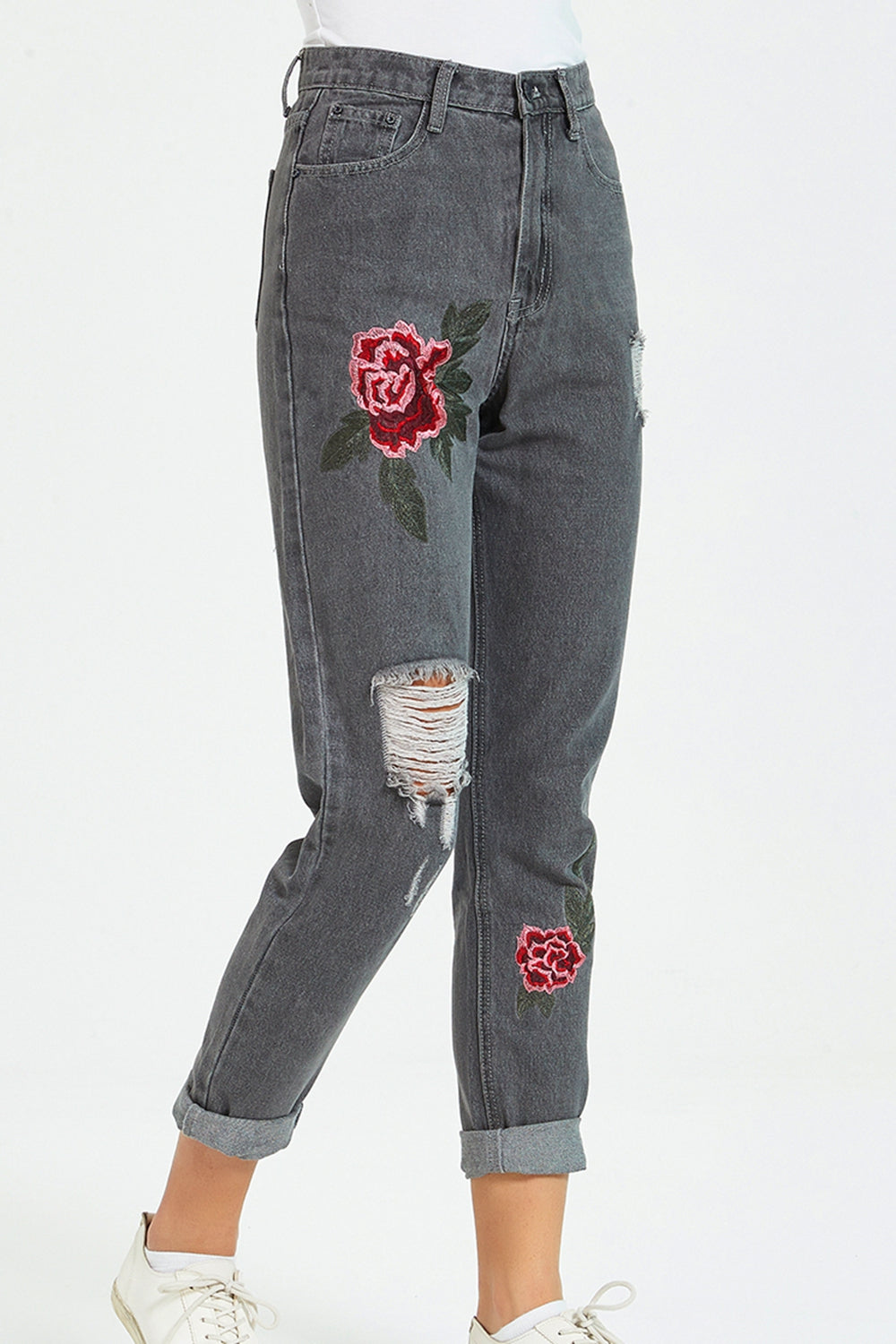 Flower Embroidery Distressed Jeans