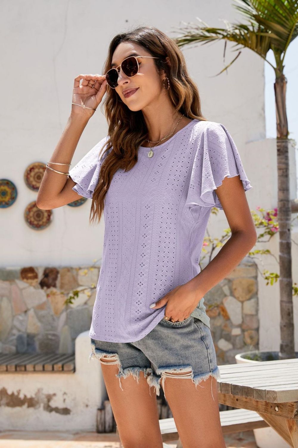 Eyelet Flutter Sleeve Short Sleeve Top