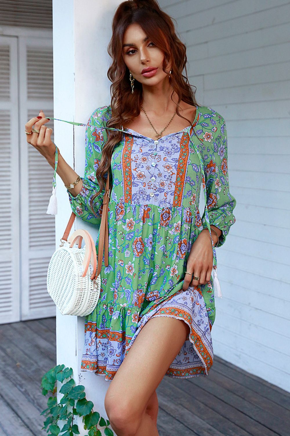 Floral Tied Balloon Sleeve Mini Dress