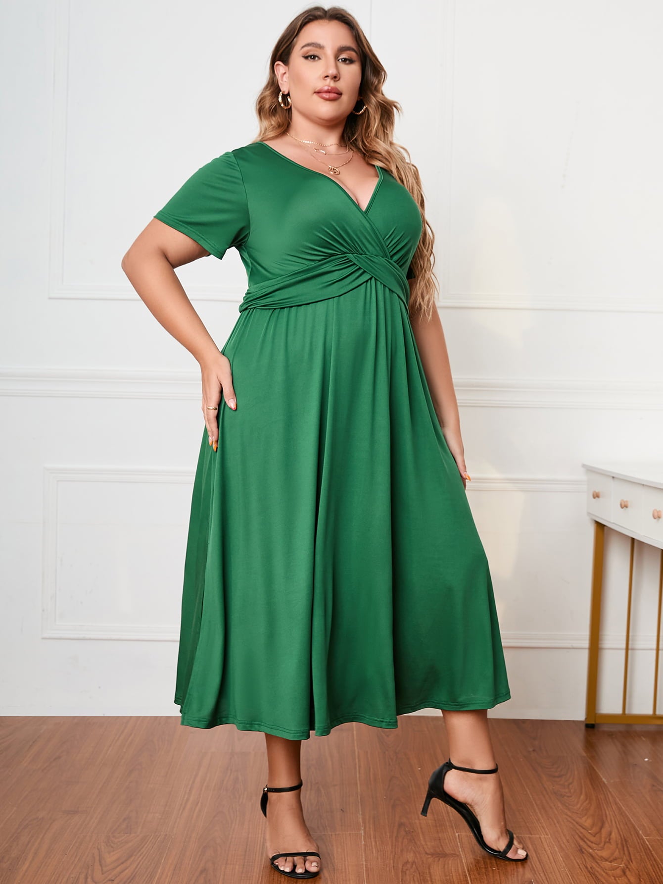 Plus Size Short Sleeve Surplice Neck Midi Dress