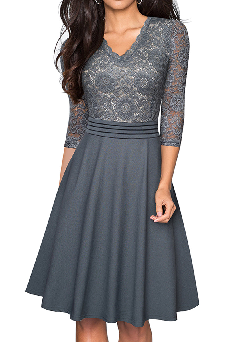 V-Neck Lace Detail Knee-Length Dress