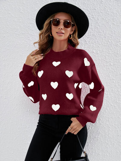 Heart Round Neck Dropped Shoulder Sweater