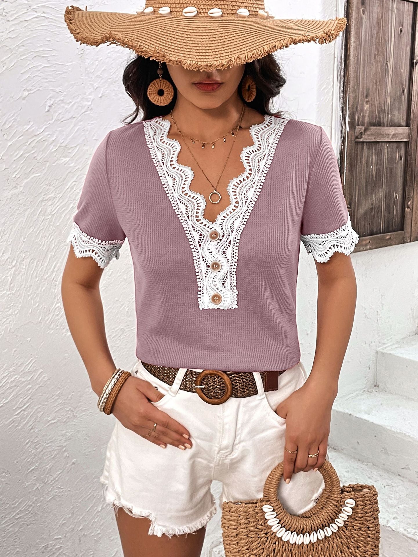 Decorative Button Spliced Lace Short Sleeve Top