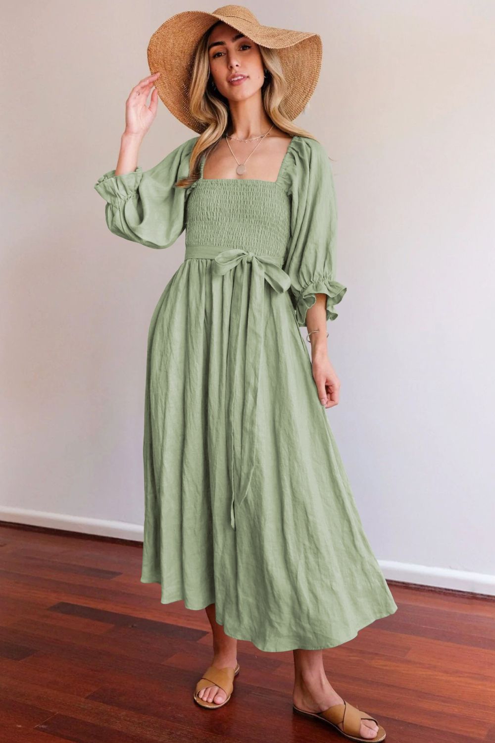 Smocked Square Neck Flounce Sleeve Dress