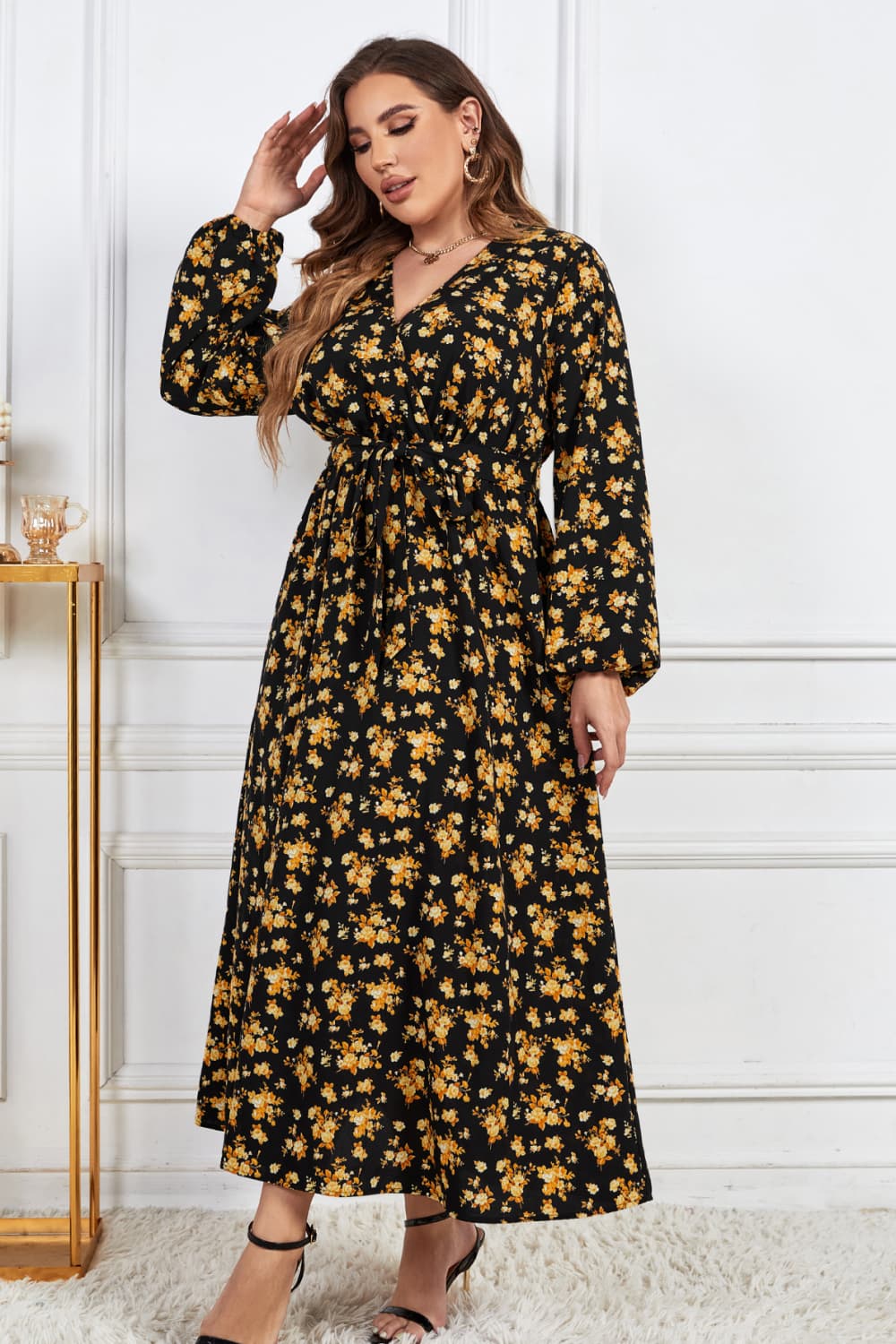 Plus Size Floral Surplice Neck Long Sleeve Dress