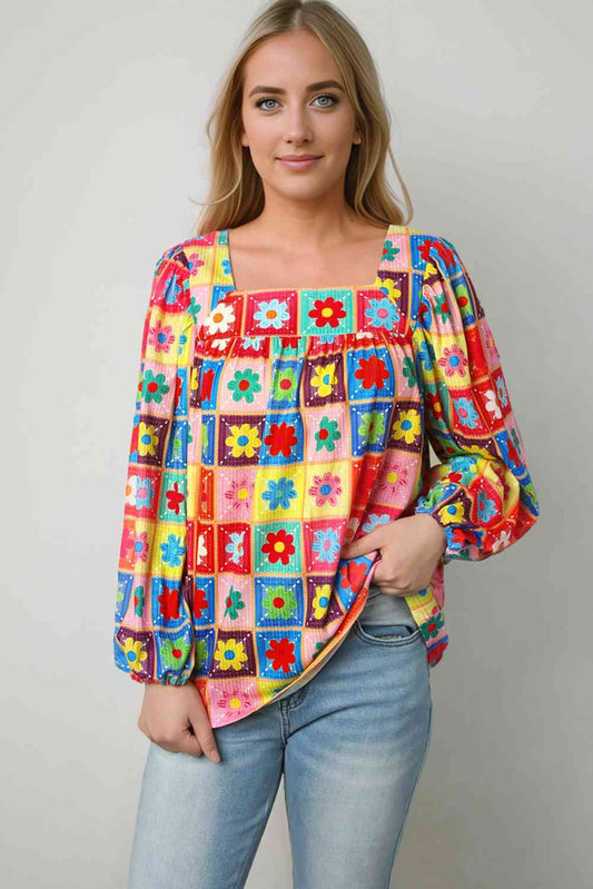 Printed Square Neck Balloon Sleeve Top