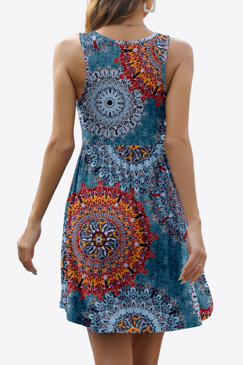 Printed Round Neck Sleeveless Dress with Pockets