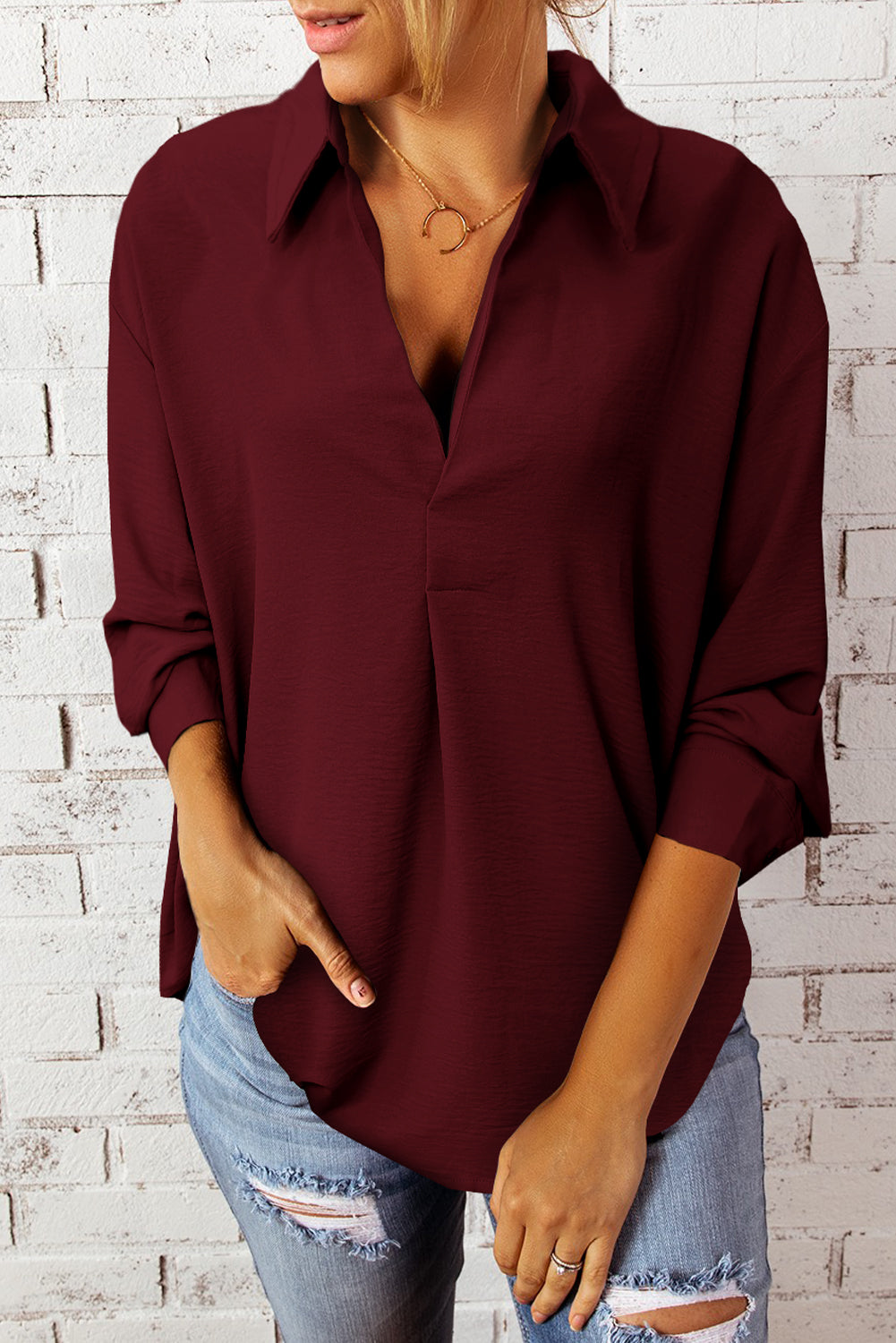 Textured Johnny Collar Three-Quarter Sleeve Blouse