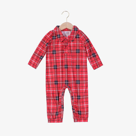 Baby Plaid Collared Neck Long Sleeve Jumpsuit