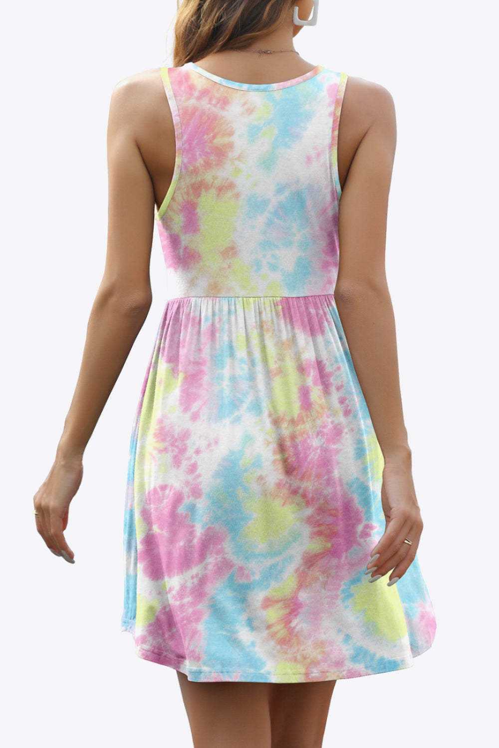 Printed Round Neck Sleeveless Dress with Pockets