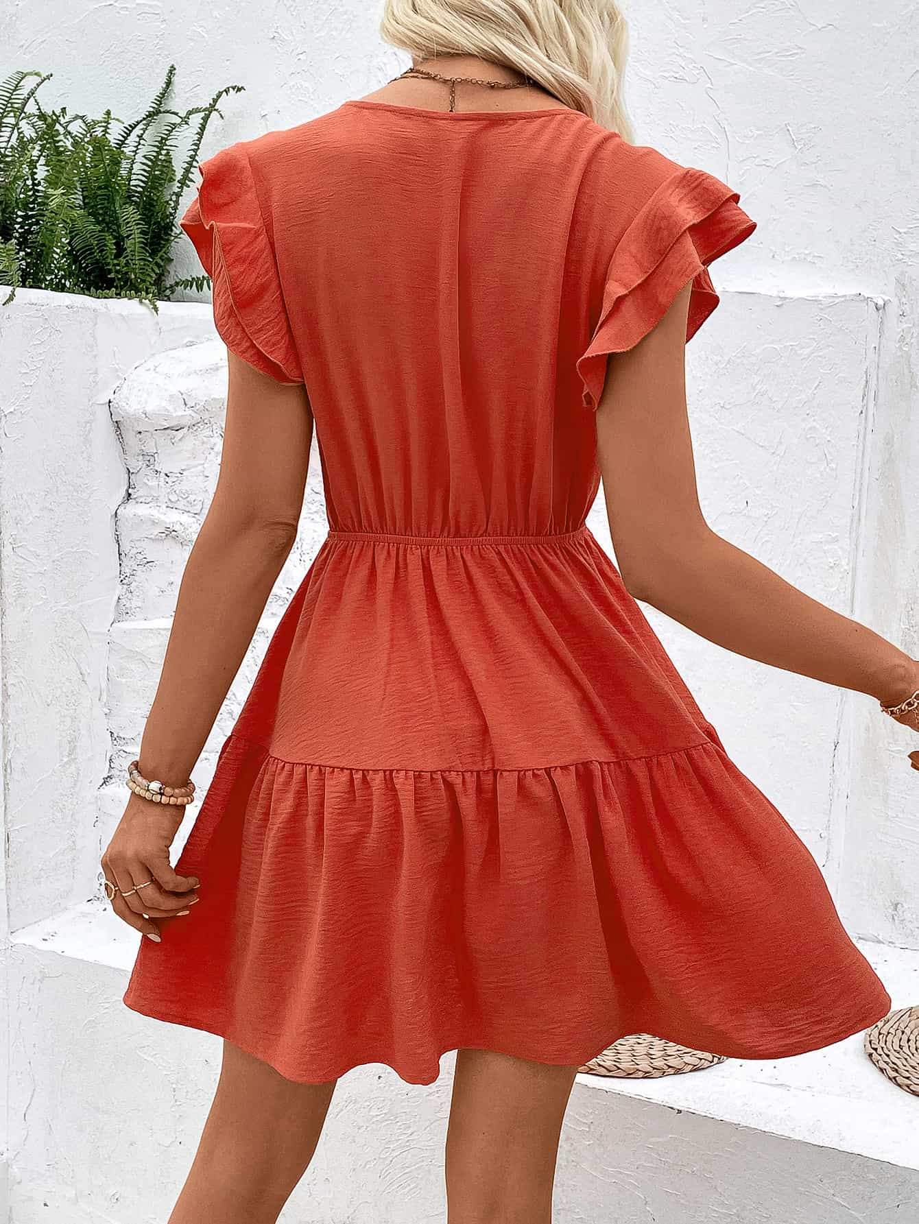 Tassel Tie V-Neck Flutter Sleeve Dress