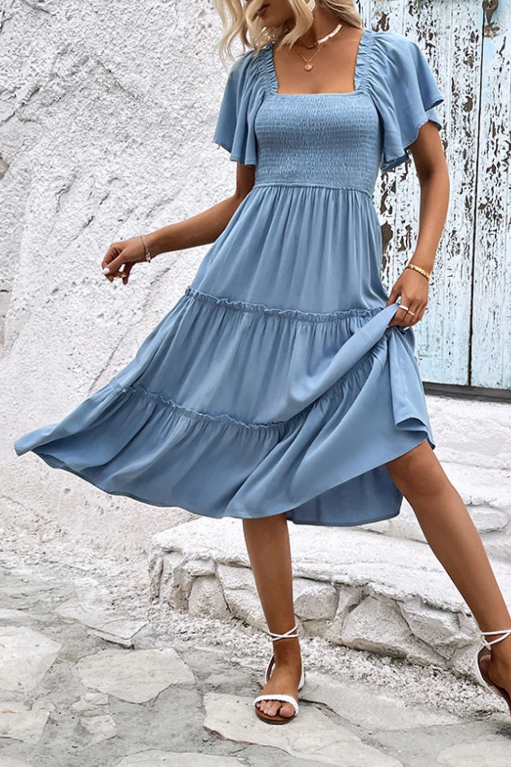 Smocked Square Neck Frill Trim Dress