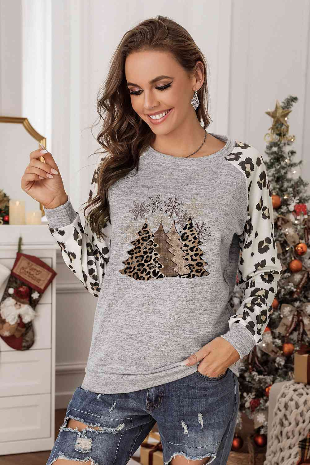 Christmas Tree Graphic Leopard Sweatshirt