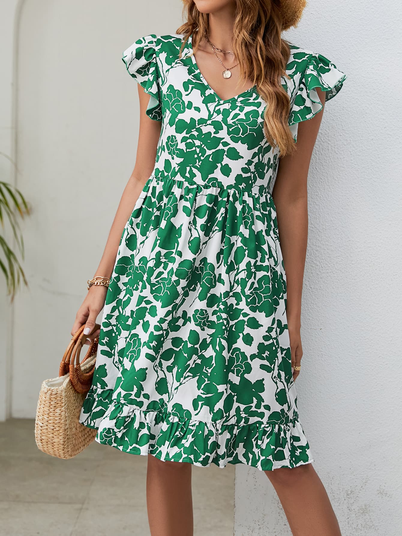 Floral V-Neck Flutter Sleeve Dress