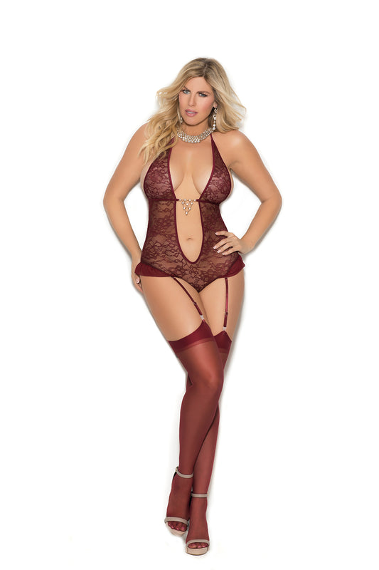Plus Size Lace Halter Style Teddiette With Ultra Deep V Neckline, Rhinestone Front Detail And Adjustable And Detachable Garters
