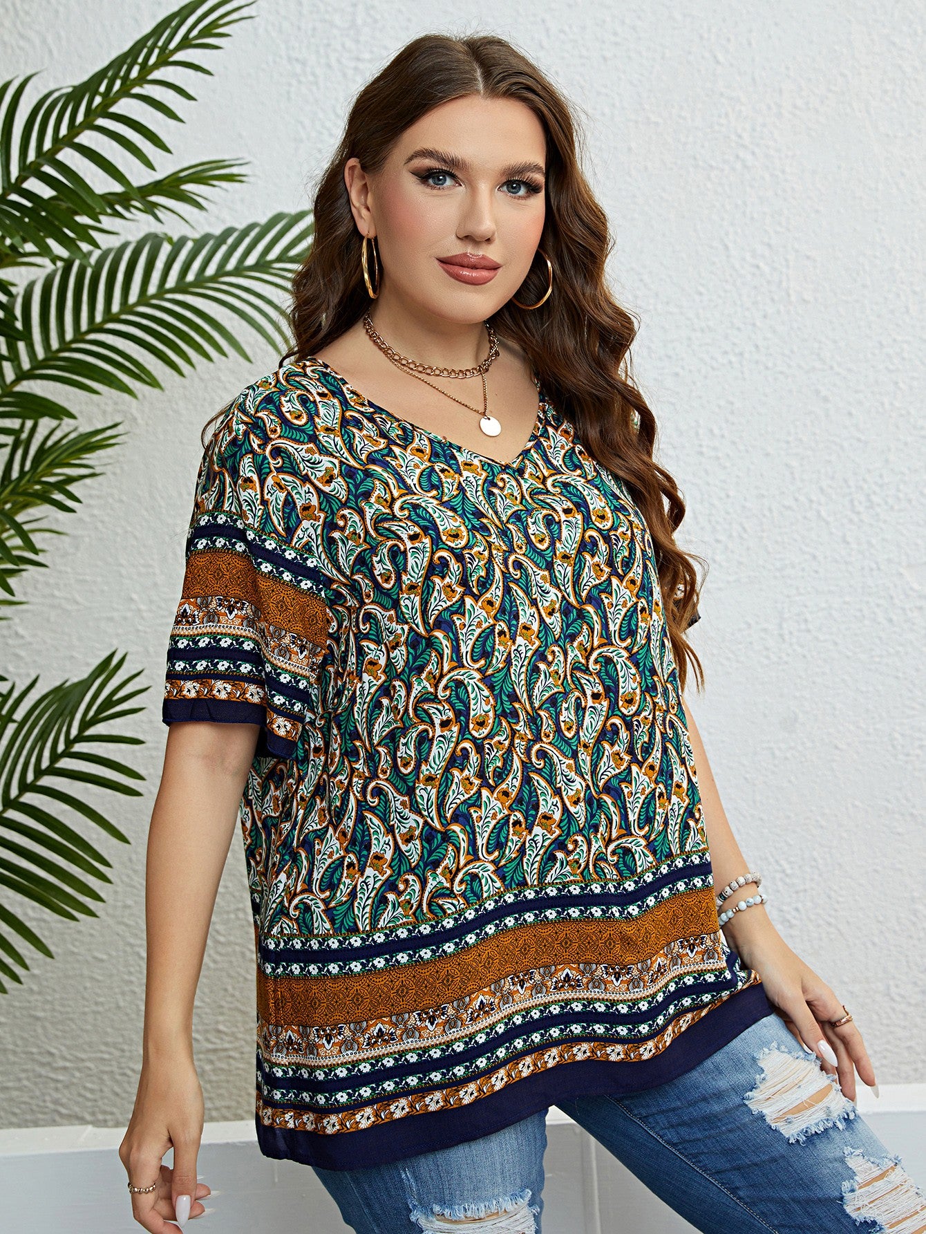 Bohemian Printed V-Neck Blouse