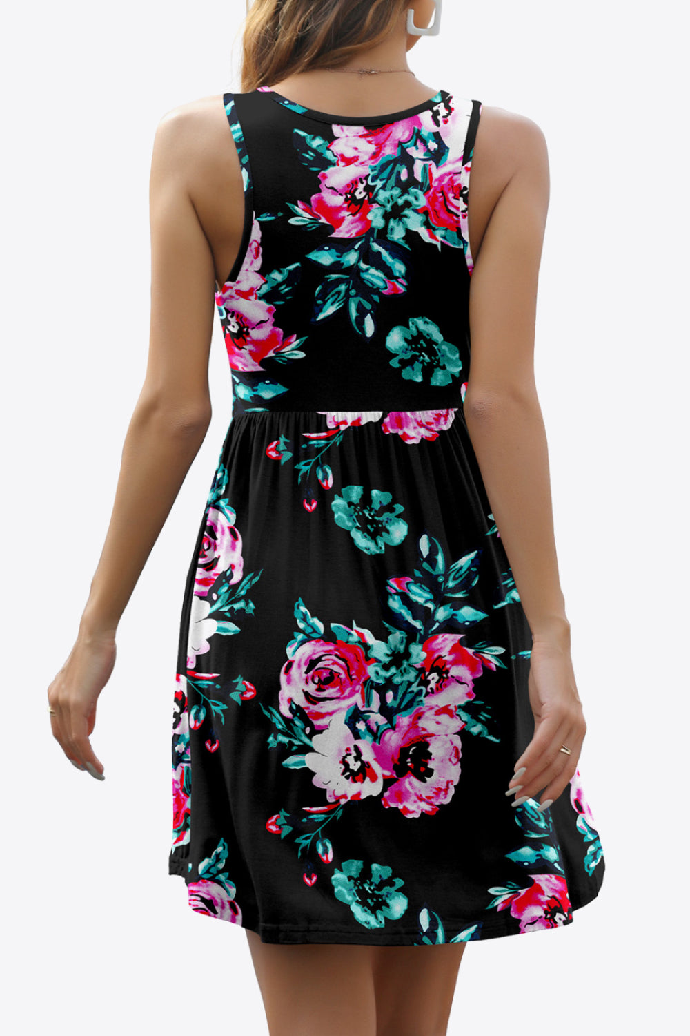 Printed Round Neck Sleeveless Dress with Pockets