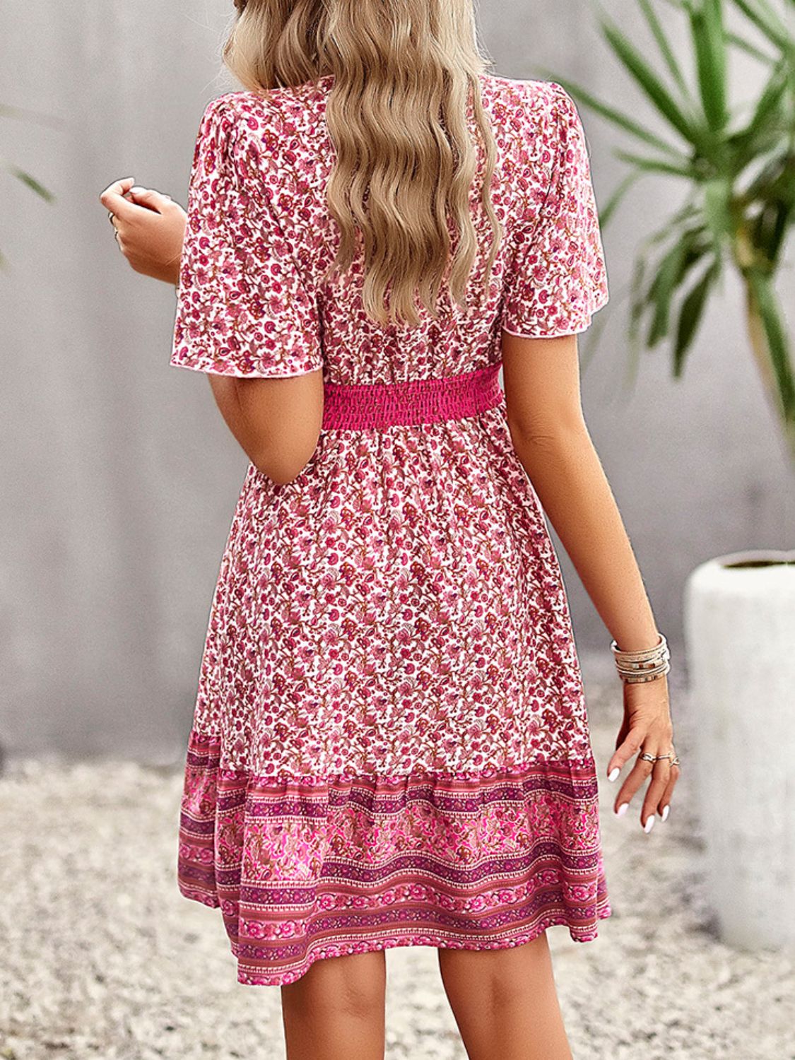 Floral Print Bohemian Style V-Neck Flutter Sleeve Dress