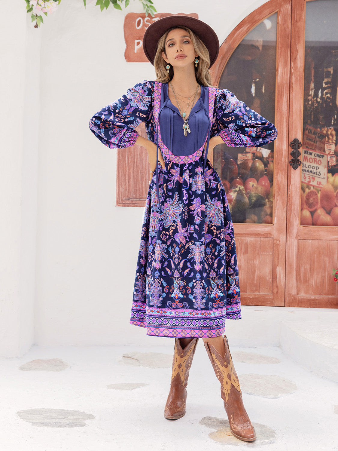 Printed Tie Neck Long Sleeve Midi Dress