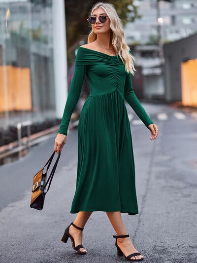 Ruched Off-Shoulder Midi Dress