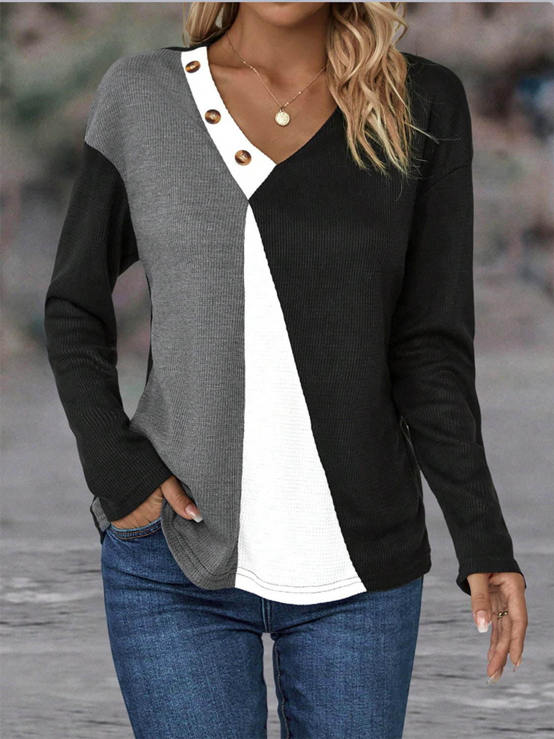 Color Block Decorative Button V-Neck Top