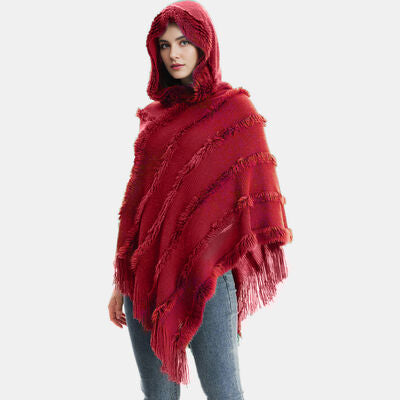 Fringe Trim Hooded Shawl