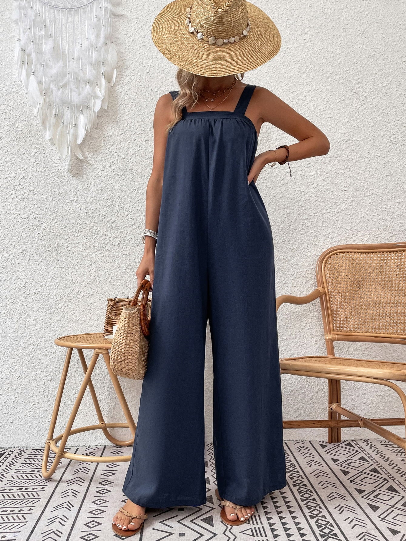 Square Neck Sleeveless Wide Leg Jumpsuit