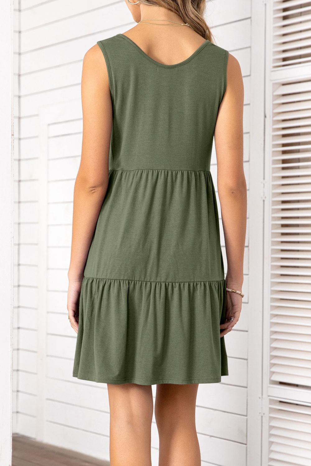 Decorative Button Scoop Neck Sleeveless Tiered Dress