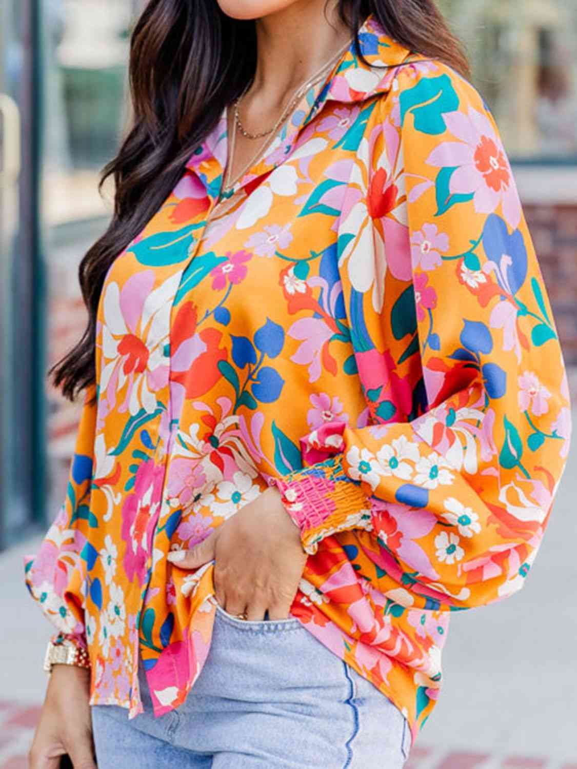 Floral Print Collared Neck Lantern Sleeve  Shirt