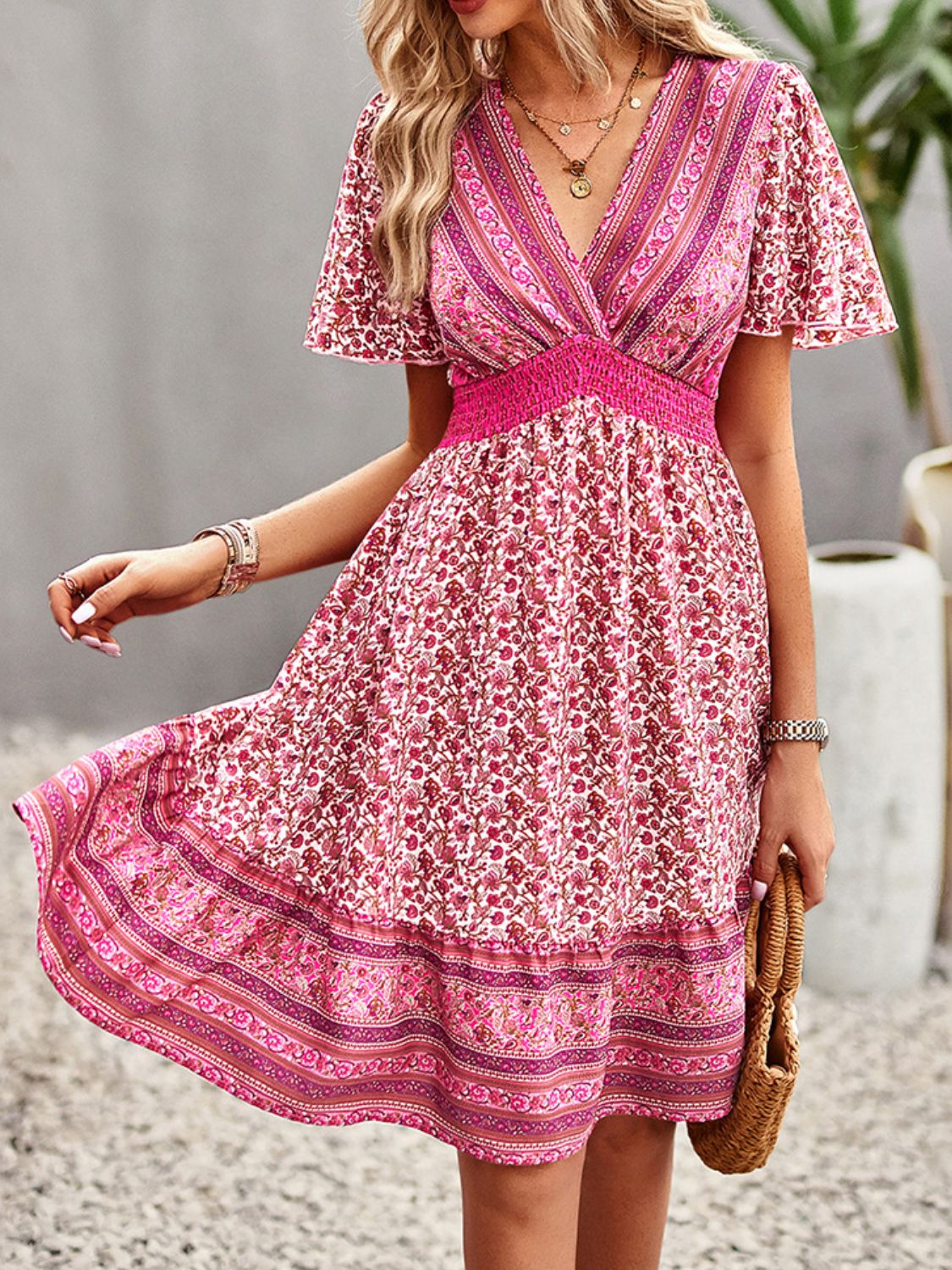 Floral Print Bohemian Style V-Neck Flutter Sleeve Dress