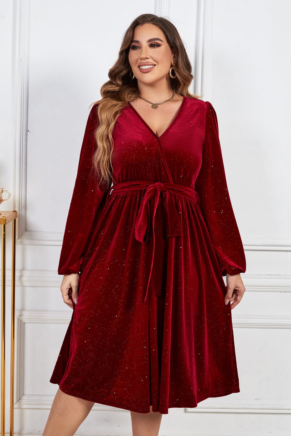 Plus Size Surplice Neck Balloon Sleeve Tie Belt Midi Dress