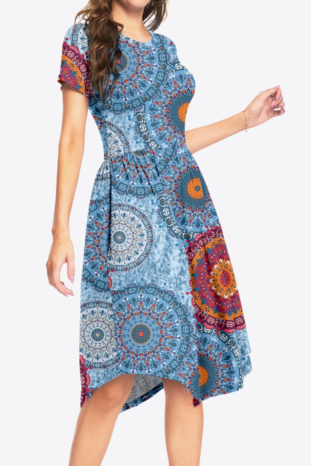 Printed Round Neck Short Sleeve Dress with Pockets