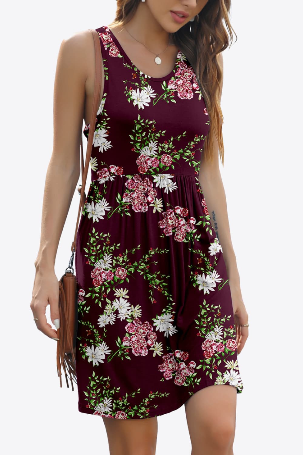 Printed Round Neck Sleeveless Dress with Pockets