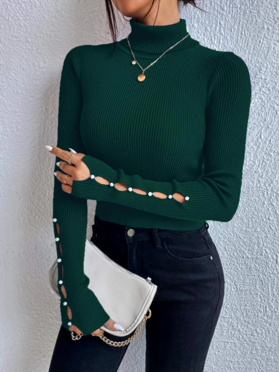 Cutout Turtleneck Rib-Knit Top