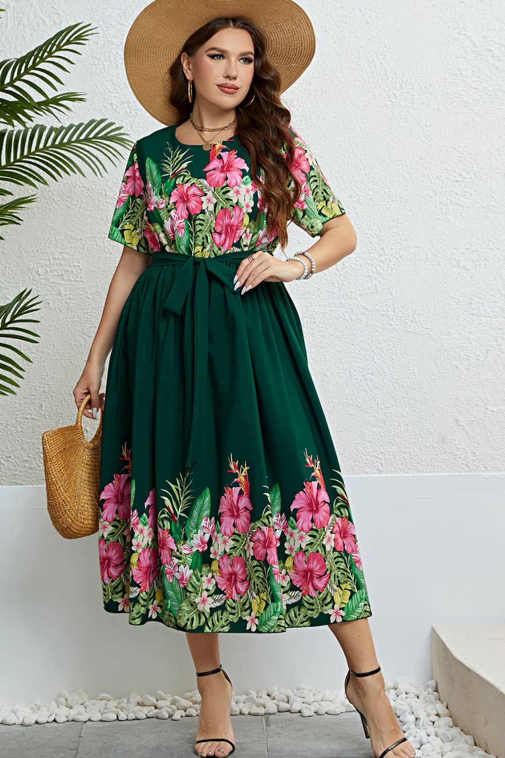 Floral Tie-Waist Round Neck Dress