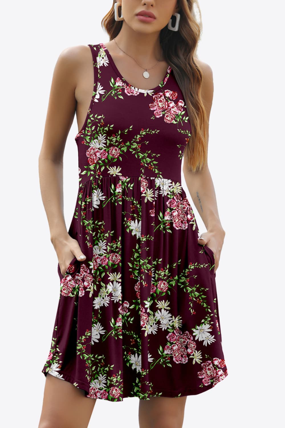 Printed Round Neck Sleeveless Dress with Pockets