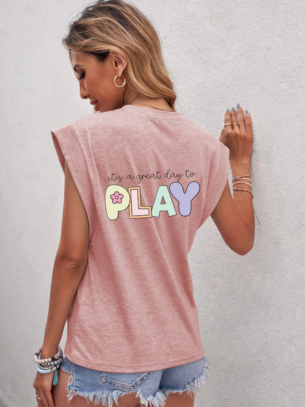 Full Size Letter Graphic Round Neck Cap Sleeve T-Shirt