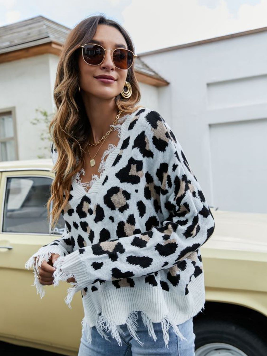 Animal Print Distressed V-Neck Drop Shoulder Sweater