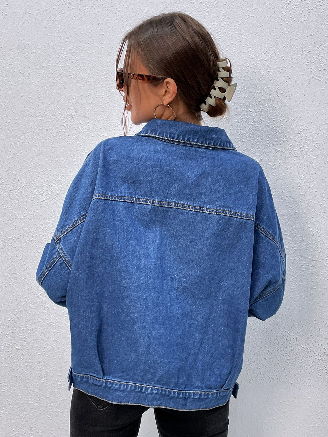 Collared Neck Dropped Shoulder Denim Jacket