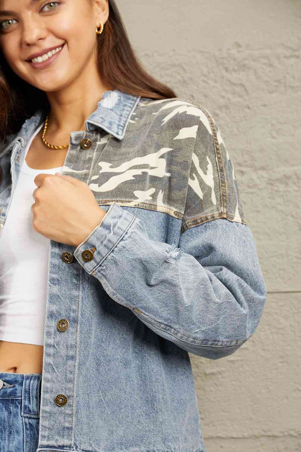 GeeGee Full Size Washed Denim Camo Contrast Jacket