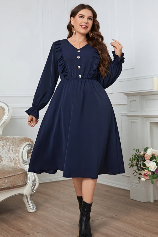 Plus Size V-Neck Buttoned Flounce Sleeve Dress