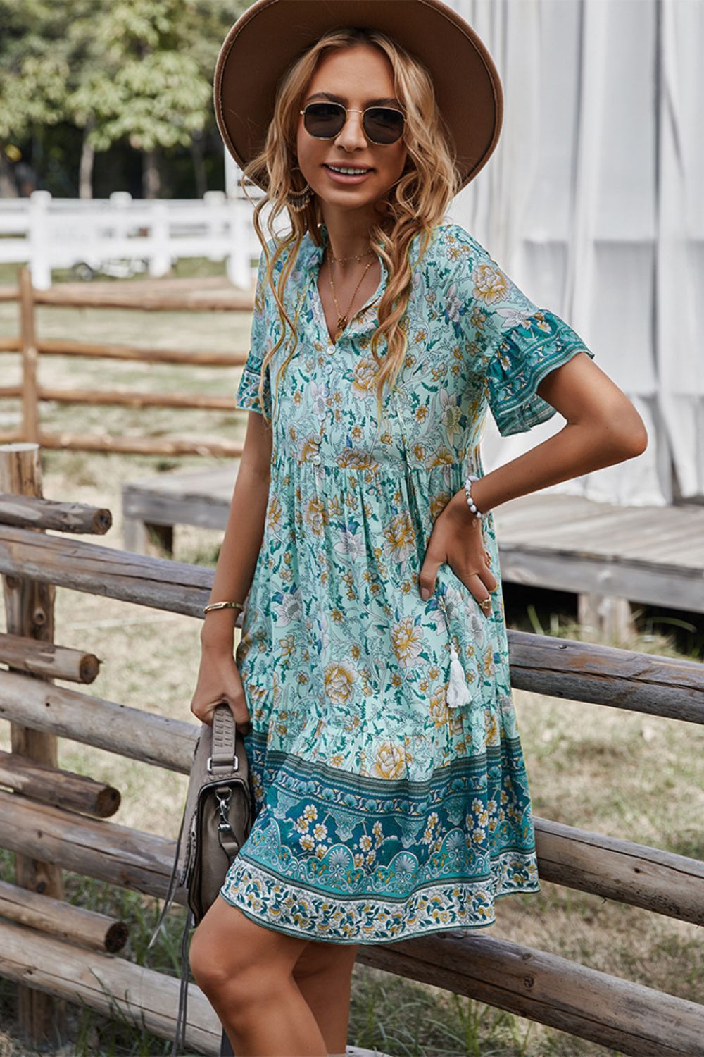 Printed Bohemian Style Tie Neck Flounce Sleeve Mini Dress