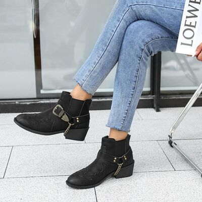 Chain PU Leather Block Heel Boots