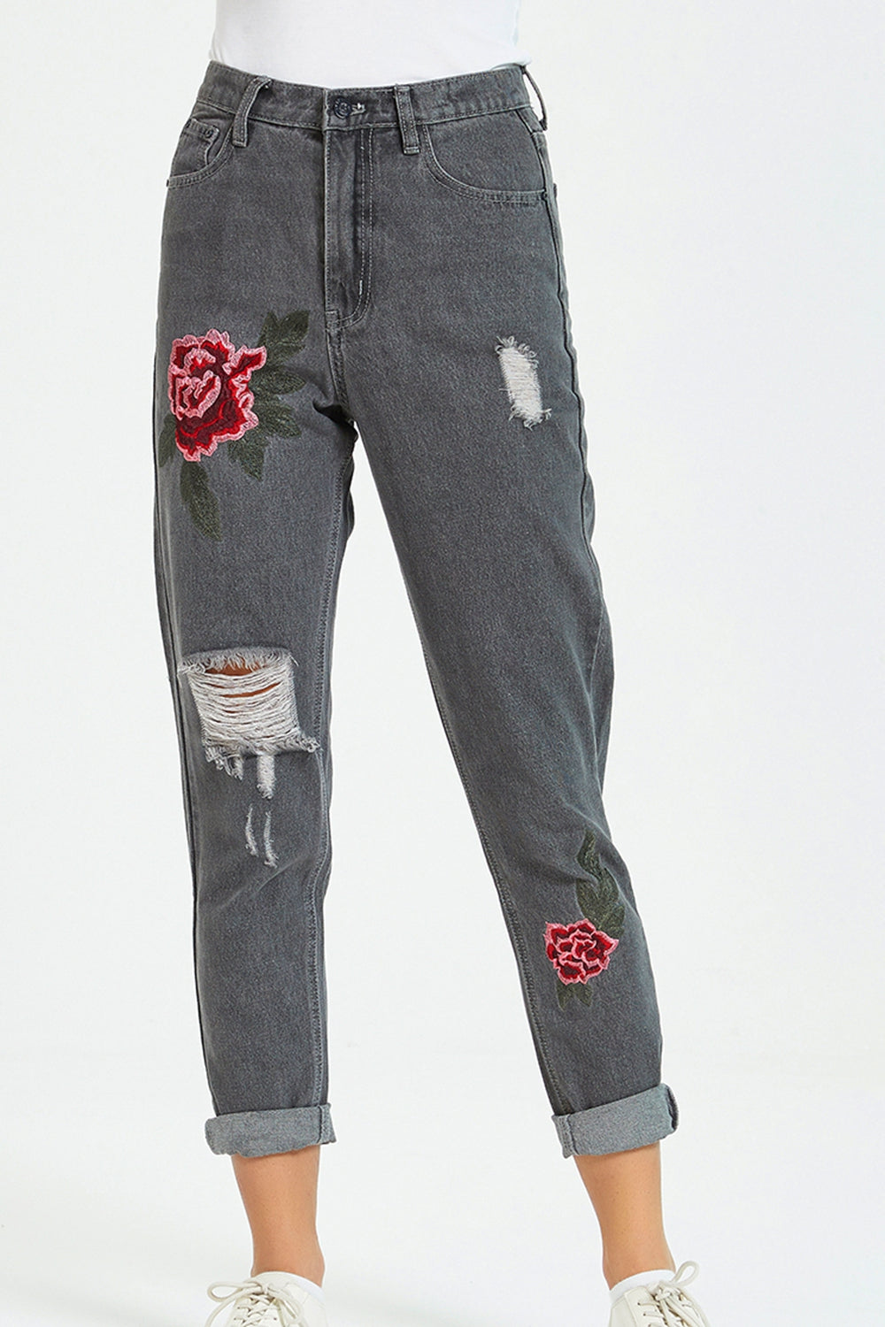 Flower Embroidery Distressed Jeans