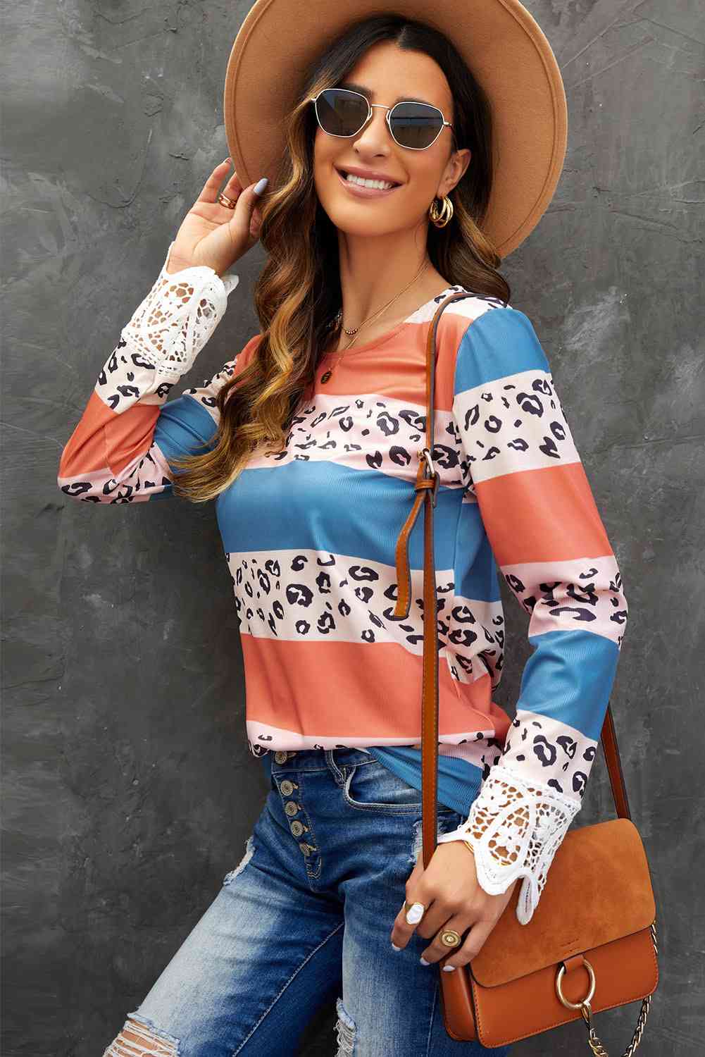 Leopard Color Block Lace Detail Blouse