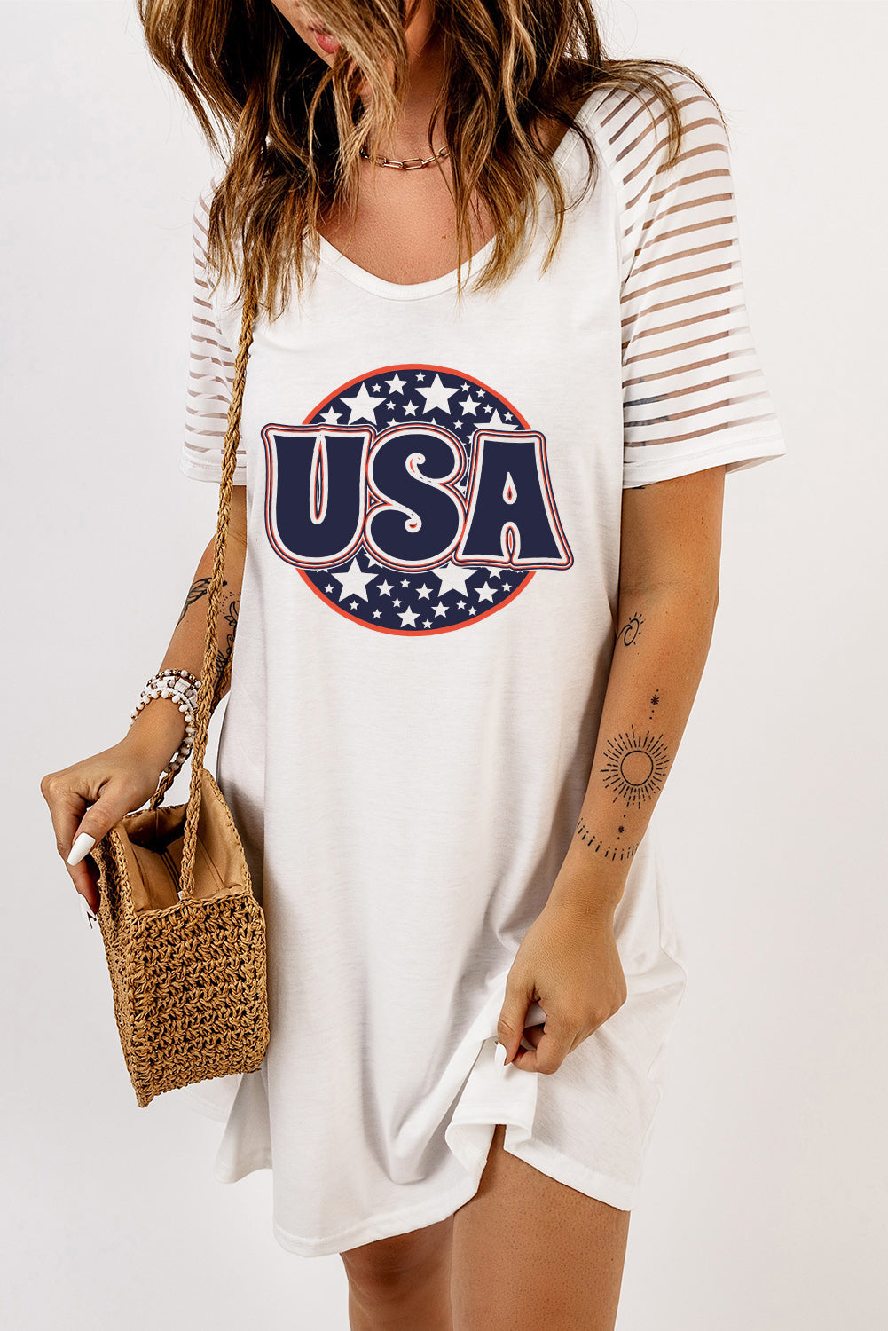 USA Sheer Striped Sleeve Tee Dress